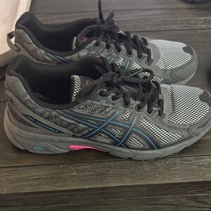Asics Gray and Black Running Shoes with Blue and Pink Accents